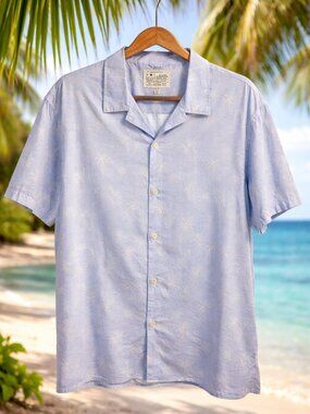 Lucky Brand Hawaiian Shirt Mens XL Blue Palm Tree Beach Camp Aloha Cotton XL